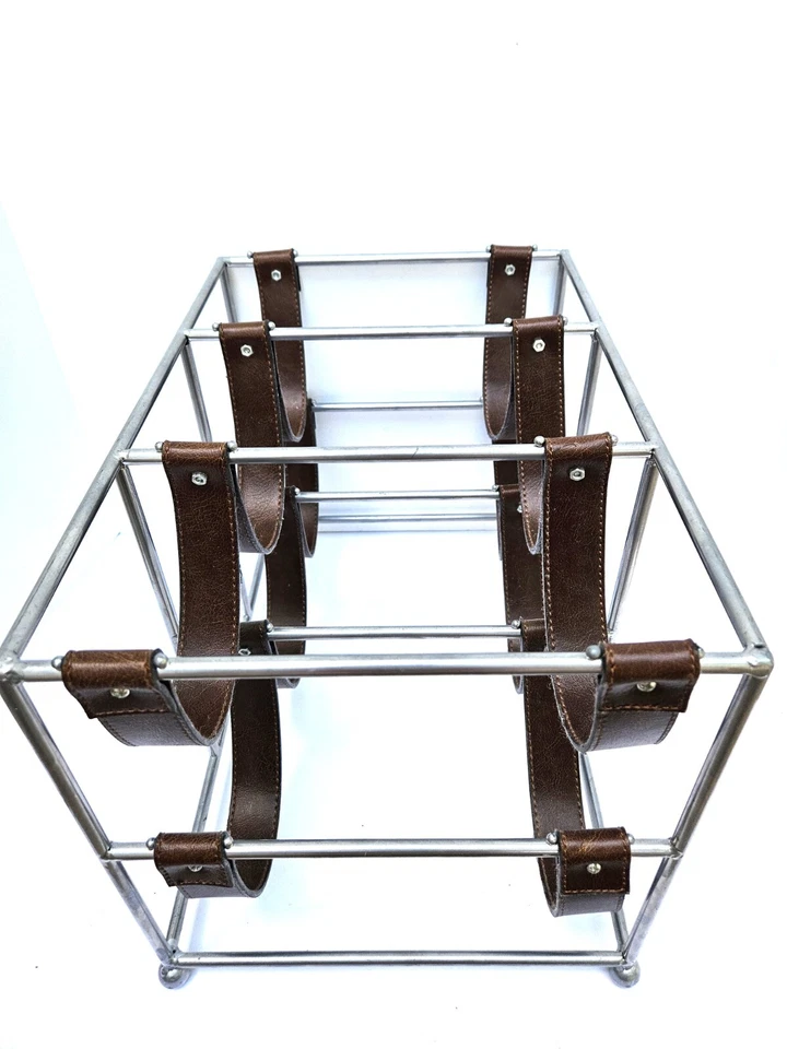 Mesa de seis botellas o encimera para vino de metal plateado y cuero marrón Foto 2 de 4