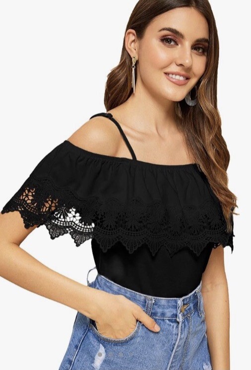 SweatyRocks Off Shoulder Spaghetti Strap Short Sleeve Lace Trim Top Blouse Sz S
