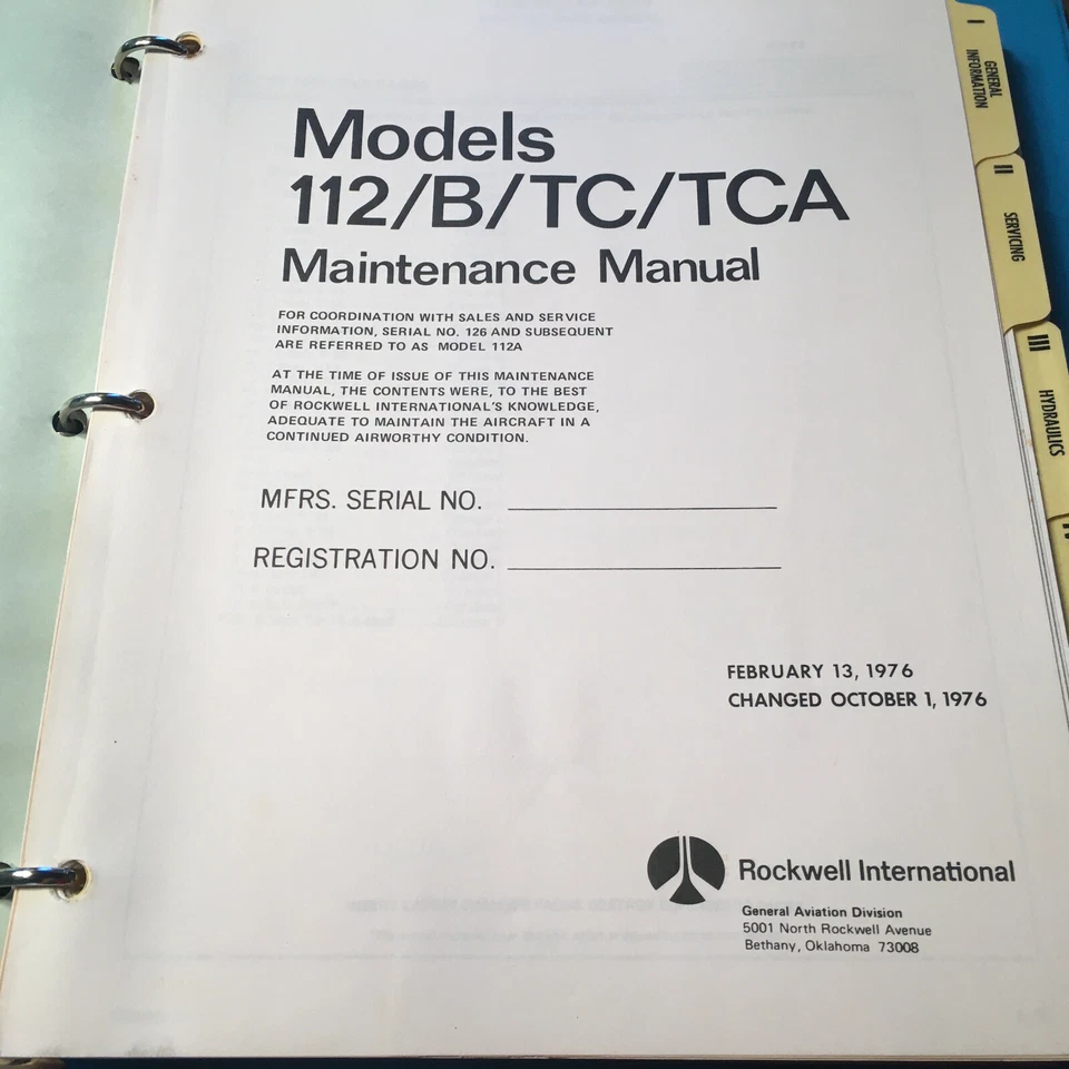 Manual de servicio Rockwell Commander 112, 112B, 112TC y 112TCA Foto 3 de 4