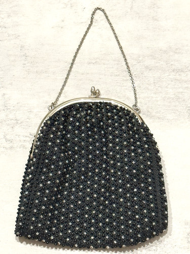 Vintage 1960s Black Beaded Evening Bag Purse Silver Toned Retro Old Hollywood - Image 1
