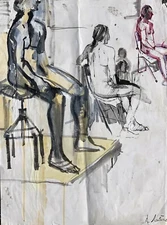 Russian Artist Alexandre Arkadevich Labas Watercolor  Seated Figures Signed 1964