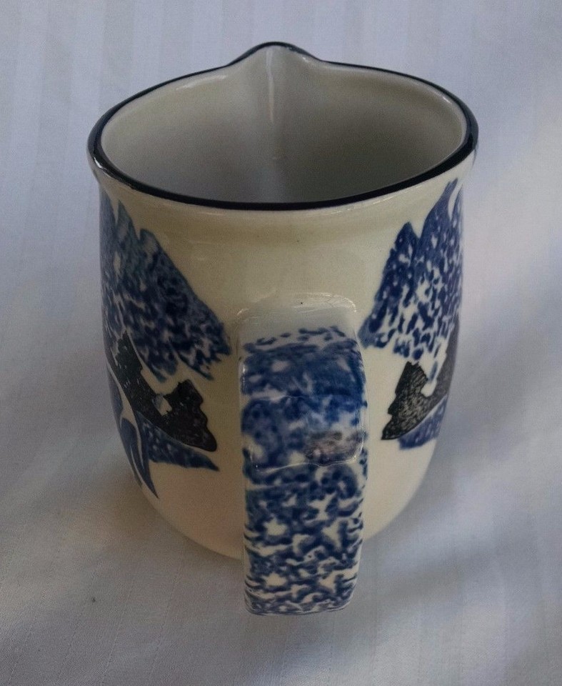 Tienshan Wolf Folk Craft Coffee Creamer Pitcher Blue Spongeware Cabin