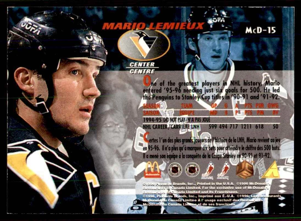 1995-96 Pinnacle McDonald's Game Winners Mario Lemieux Pittsburgh Penguins - Image 2 of 2