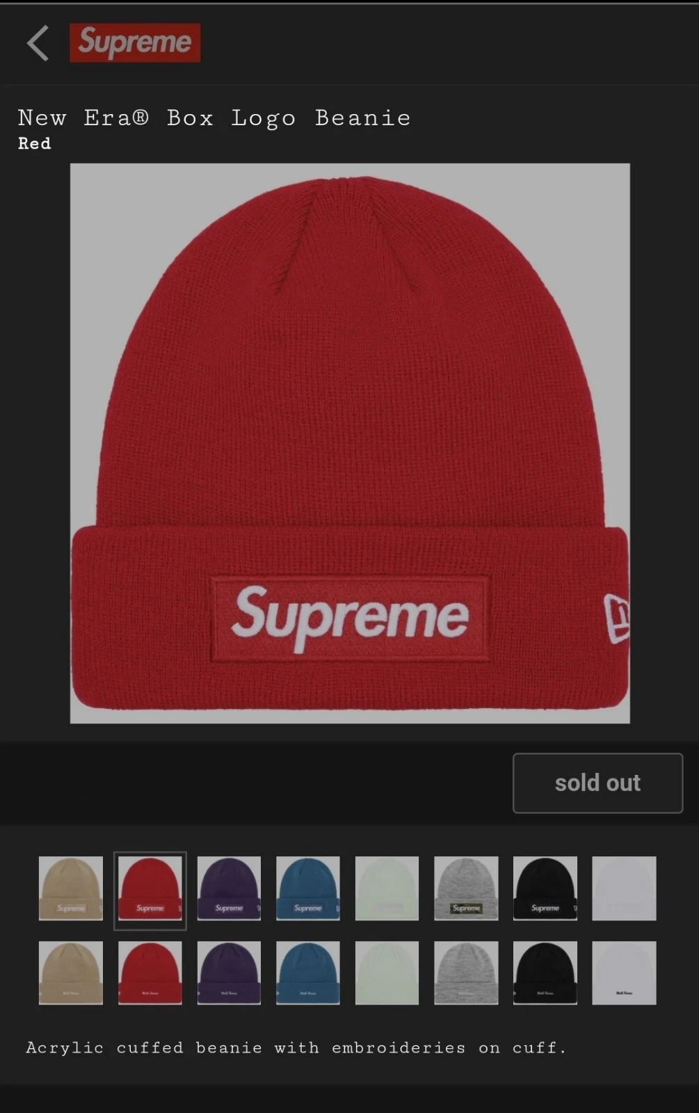 Boîte Supreme New Era logo Beanie rouge FW23   Neuf   Épuisé   
