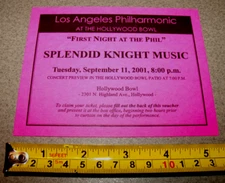 Los Angeles Philharmonic at The Hollywood Bowl 9/11/2001 Ticket Voucher Sept 11