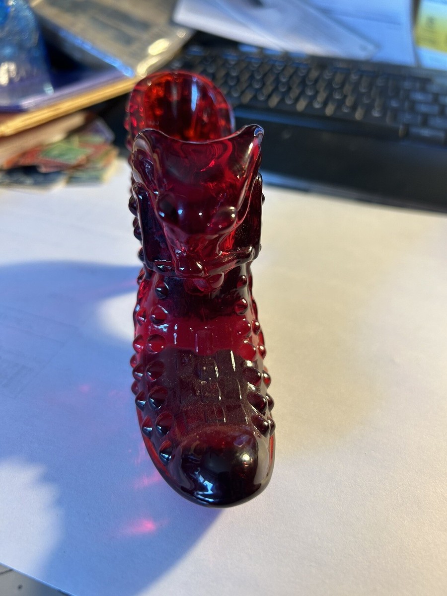 Vintage Fenton Art Glass Ruby Red Hobnail Cat Head Slipper