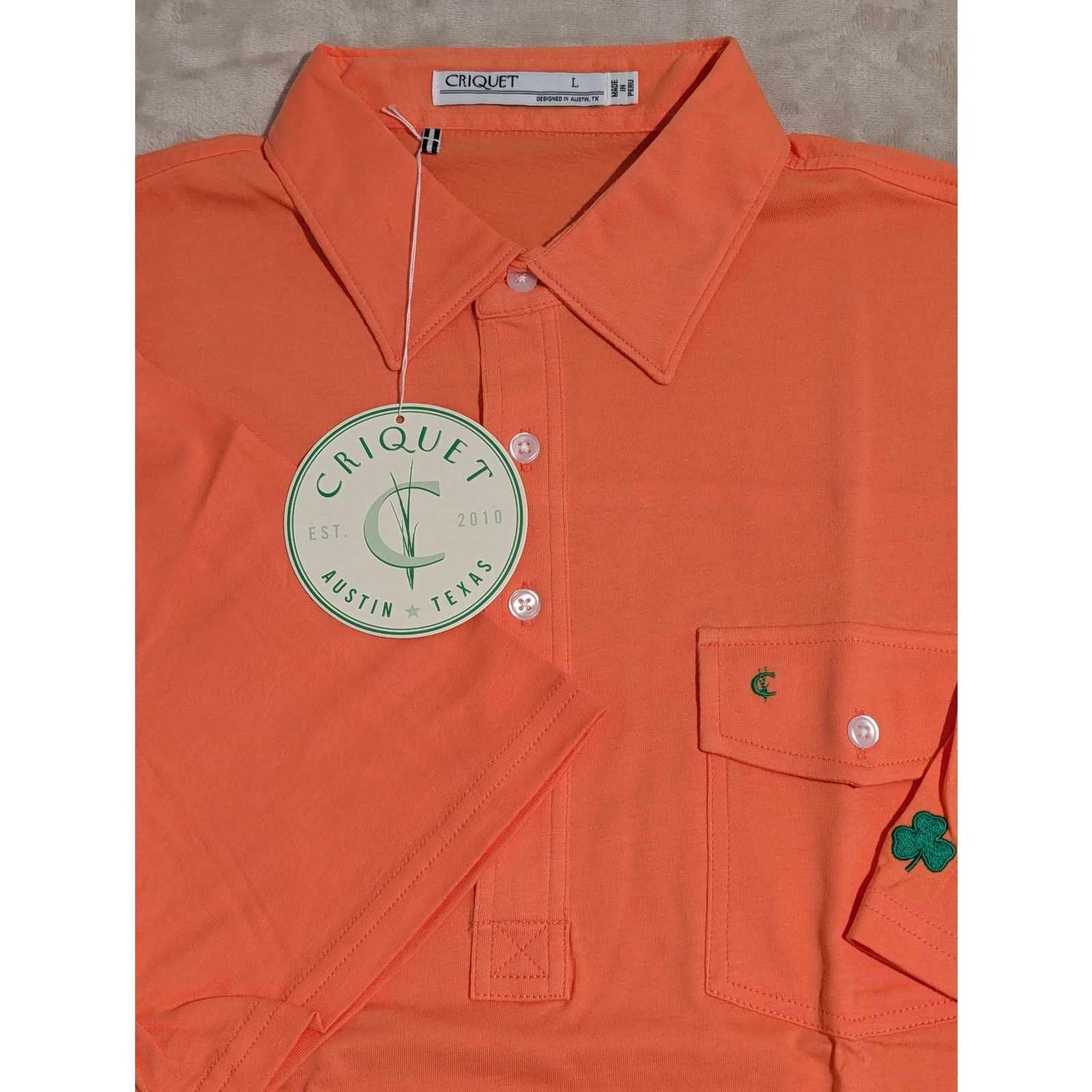 Criquet Mens Player Polo Shirt Orange Large Embroidered Organic Cotton Golf NWT
Opens in a new windo