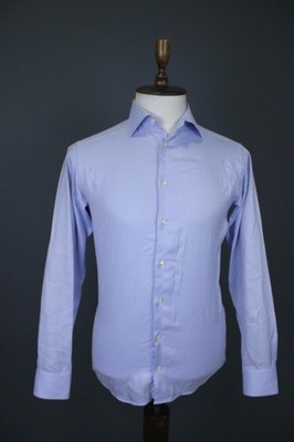 Eton Slim Light Blue Herringbone Cotton Long Sleeve Spread Collar Shirt Size 38