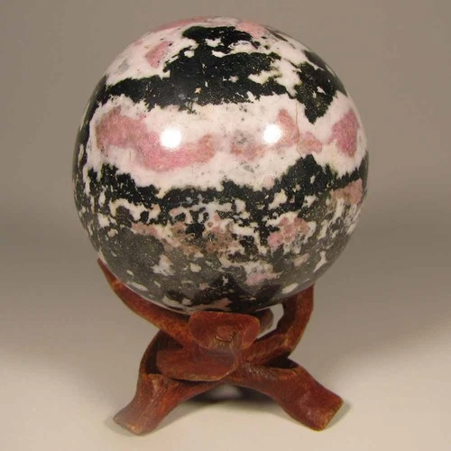 2.2" Pink RHODONITE w/ SPHALERITE Gemstone Sphere Ball w/ Stand – Peru - 56mm