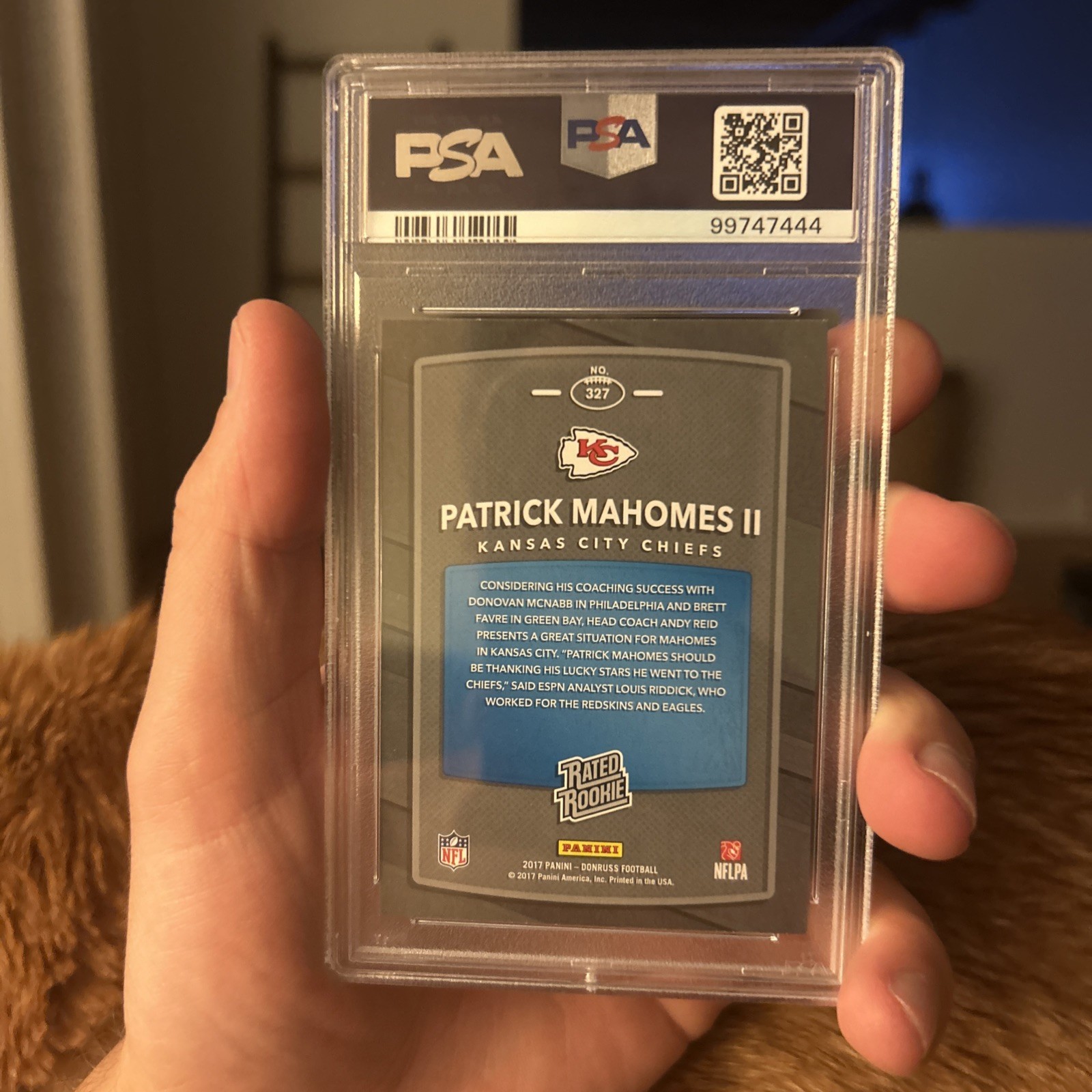 2017 Panini Donruss Rated Rookie Patrick Mahomes II #327 Press Proof Red PSA 8 view 2