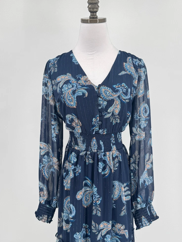 Lucky Brand Blue Paisley Metallic Chiffon Midi A Line Dress Sz L - Image 2 of 4
