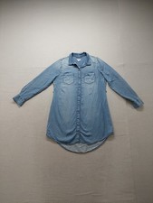Merona Women Shirt Dress L Blue Button Up Long SLeeve Collared Pockets Casual