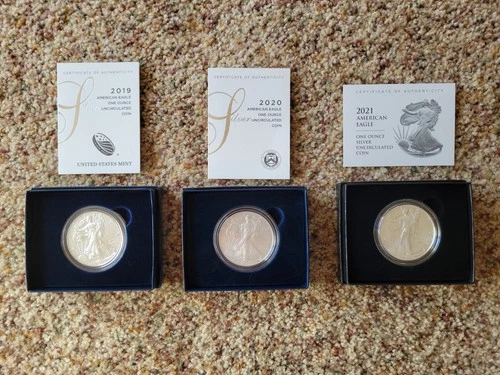 2019, 2020, 2021 American Silver Eagle Uncirculated Coins