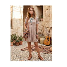 boohoo Stone Short Sleeve Drop Hem Tiered Smock Dress Woven Size 14