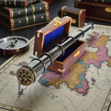 Victorian Antique Brass Telescope Nautical Spyglass with Wooden Box Vintage Gift