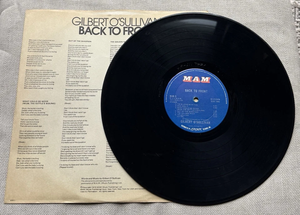 GILBERT O'SULLIVAN - BACK TO FRONT - M.A.M. RECORD MAM-5 - Image 3 of 4