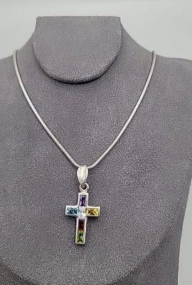 Sterling Silver CW Mosiac Crystal Pendant Necklace 18'' 925 ITALY Snake Chain