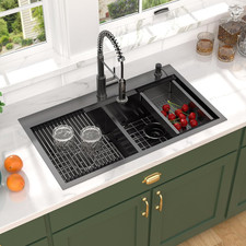 36" Double Bowl Stainless Steel Kitchen Sink with Faucet  Accessories - Black