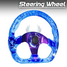 D-Shaped Blue Steering Wheel 6-Hole Crystal Bubble Burnt Spoke Deep Dish Racing