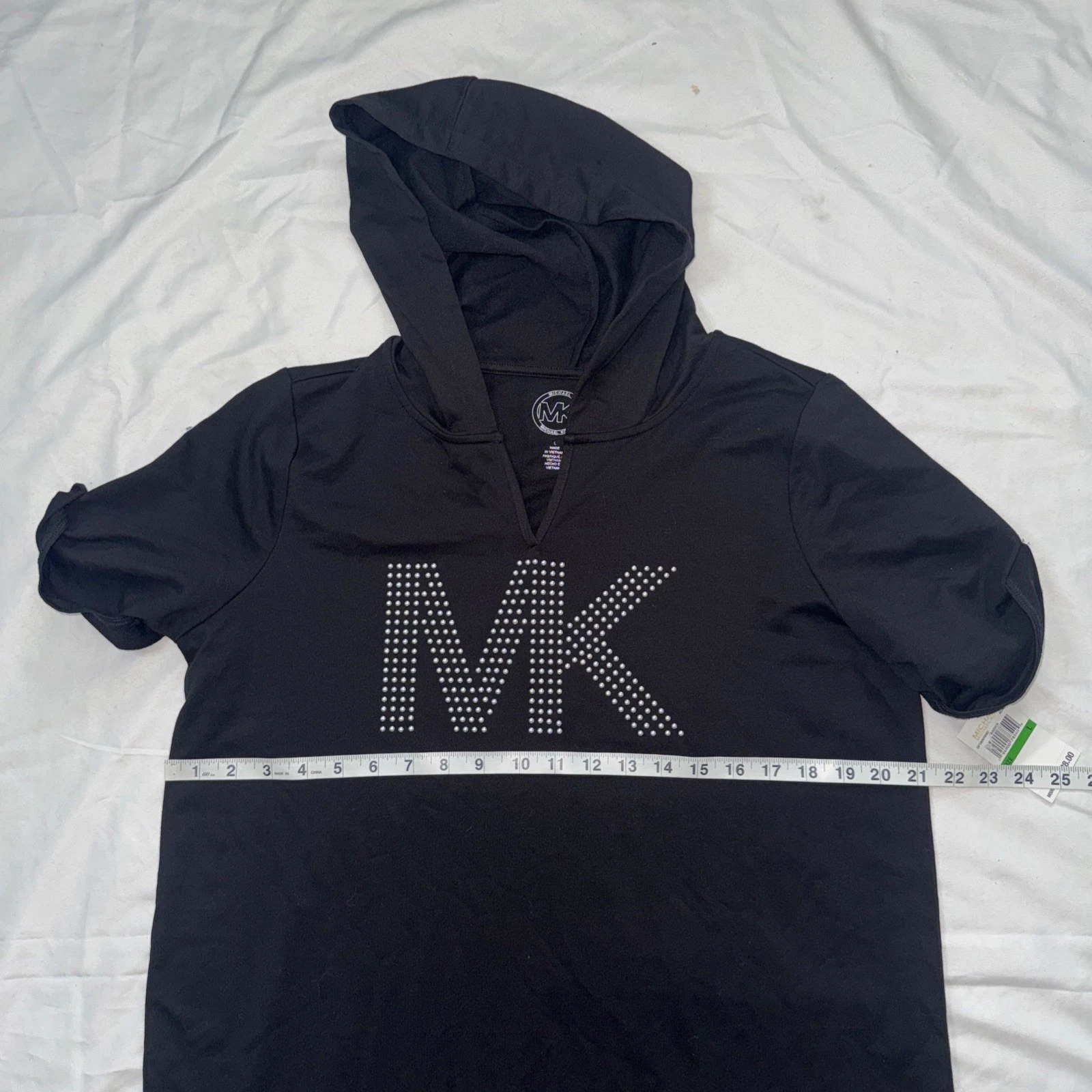 T shirt Michael Kors MK logo maglietta Bling felpa con cappuccio nera taglia L donna #874