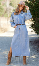 Western Vintage Denim Maxi Dress Long Sleeve Side Slits Jean Shirt Dress S