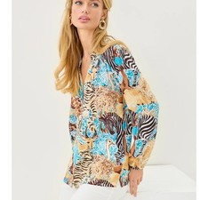 Lilly Pulitzer Elsa 100% Silk Blouse Lilly's Zoo Print M Smocked Timeless NWOT