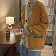 Knitted Sweaters for Men Blue Jacket Man Clothes Cardigan V Neck Coat Patchwork