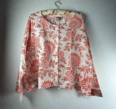 Flax Womens Button Front White Red Floral Linen Shirt Blouse Top Large NWOT
