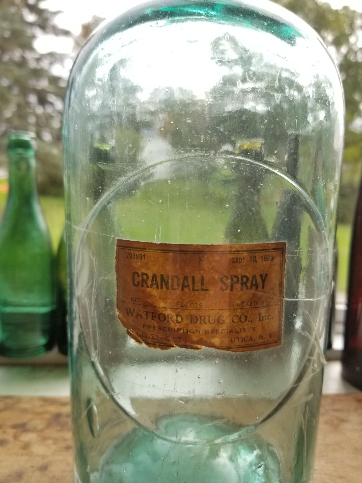 Large Utica N.Y. Pharmacy Bottles Watford Drug Co. Genesee St. Crandall