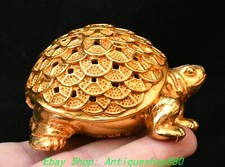3.1''Old Chinese Dynasty Bronze Gilt Coin Turtle Incense Burner Censer Statue