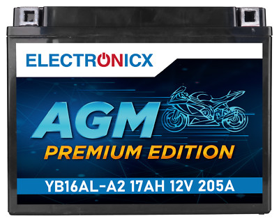 Electronicx AGM Motorradbatterie 12V 17Ah 205A/EN YB16AL-A2 - Wartungsfrei, Lang