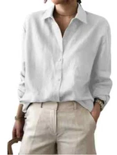 Summer Long Sleeve Womens Shirts Casual Collared Linen Cotton Button Blouse Tops