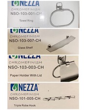 NEZZA Bathroom 4 Piece Set- Towel Ring/ Paper Holder/ Robe Hook/ Glass Shelf