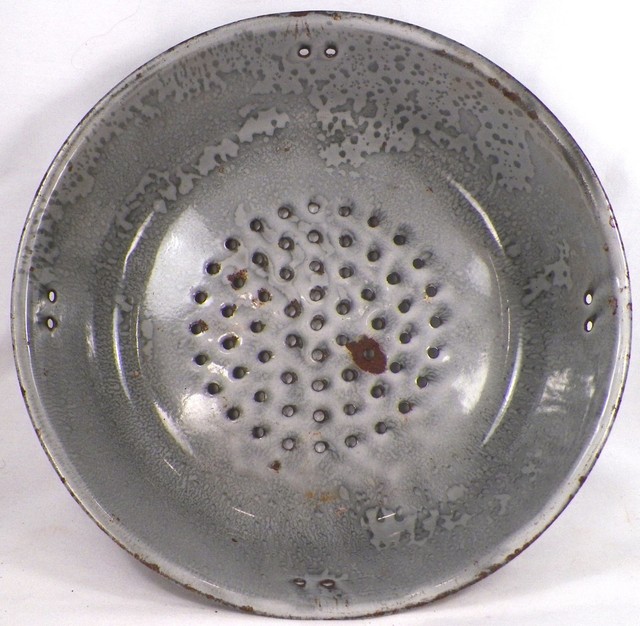 Vintage Graniteware Colander Gray Seaweed Mottled Strainer Country