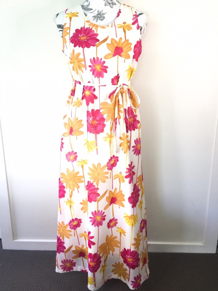 DO-IT Womens 90s Vintage Daisy Flower Shift Tie Lined Midi Sun Dress Fit 10