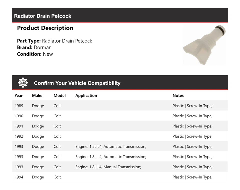 Volante de drenaje de radiador para Dodge Colt Dorman 1989-1994 1990 1991 1992 1993 Foto 2 de 4