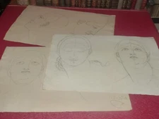 Beautiful Set 3 Original Pencil Drawings / Studies of Faces 1844