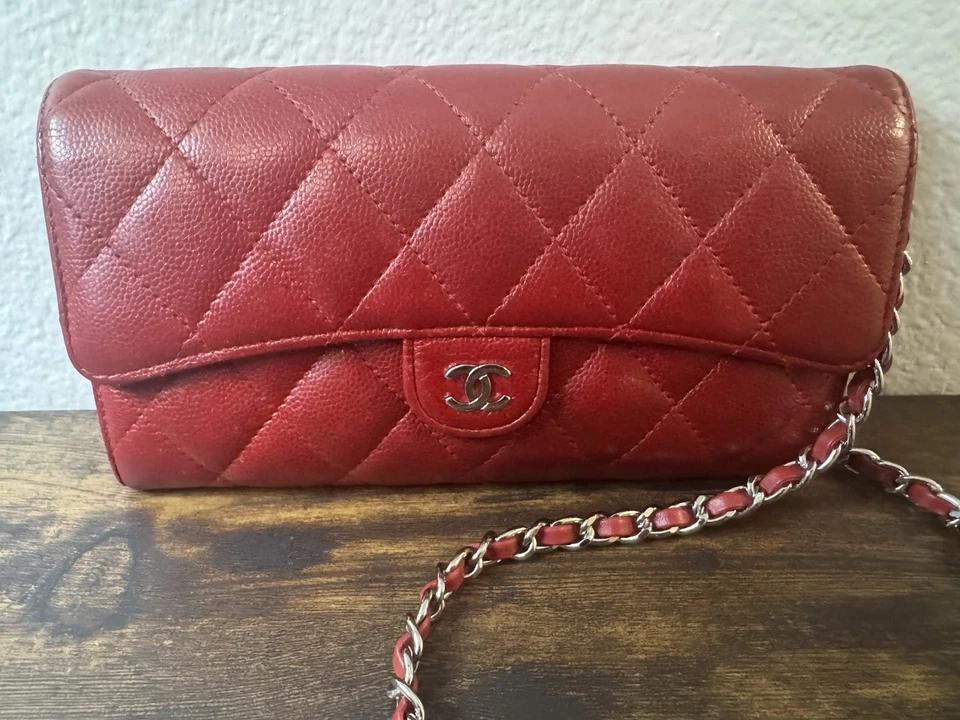 CHANEL - Red Caviar Leather Quilted Large Gusset Wallet On Chain W Dustbag & Box - Image 2 of 4