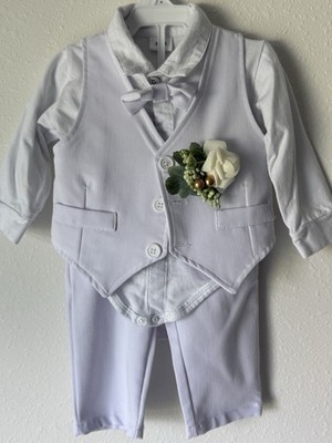 Baby Boys 3pc Formal Set White Vest Pants Bow Flower Long Sleeve Bodysuit 3-6M