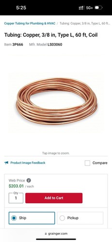 STREAMLINE 617F Type L Soft COPPER coil Water Line 3/8 in X 60 ft 3P666 Granger - Picture 1 of 10