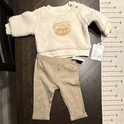 Cloud Island Bear Sweater & Pants Set 0-3 Months Off-White Beige Cotton Knit 2pc