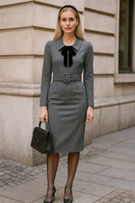 Badgley Mischka sz 0 Modest Gray Dress $440 Long Sleeve Belted Midi Work Chic