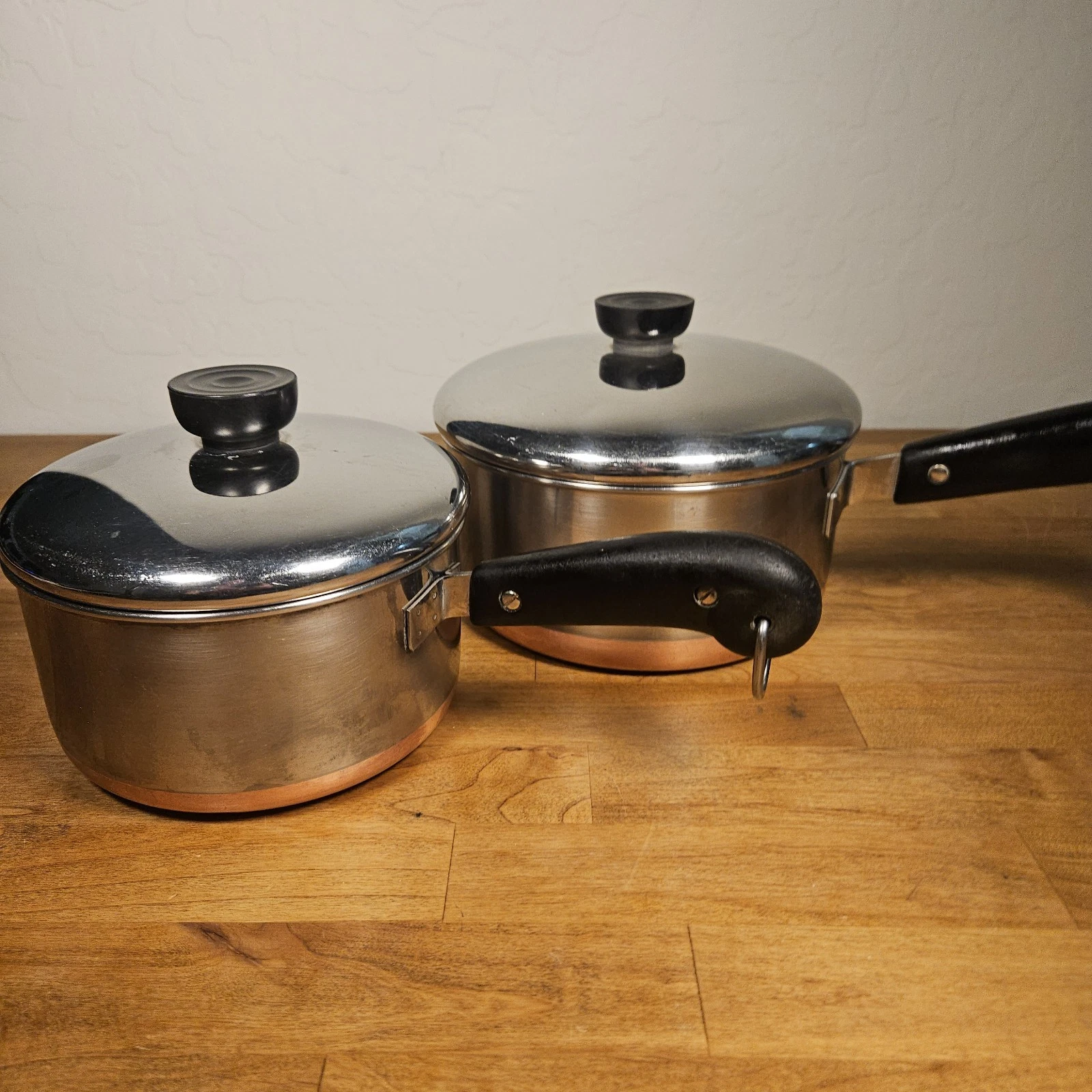 RevereWare Copper Bottom Double Ring Saucepans Vtg Set W/lids Pre-1968