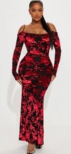 Womens FashionNova Mesh Maxi Dress Red Black Floral Velvet Burnout Large NWT