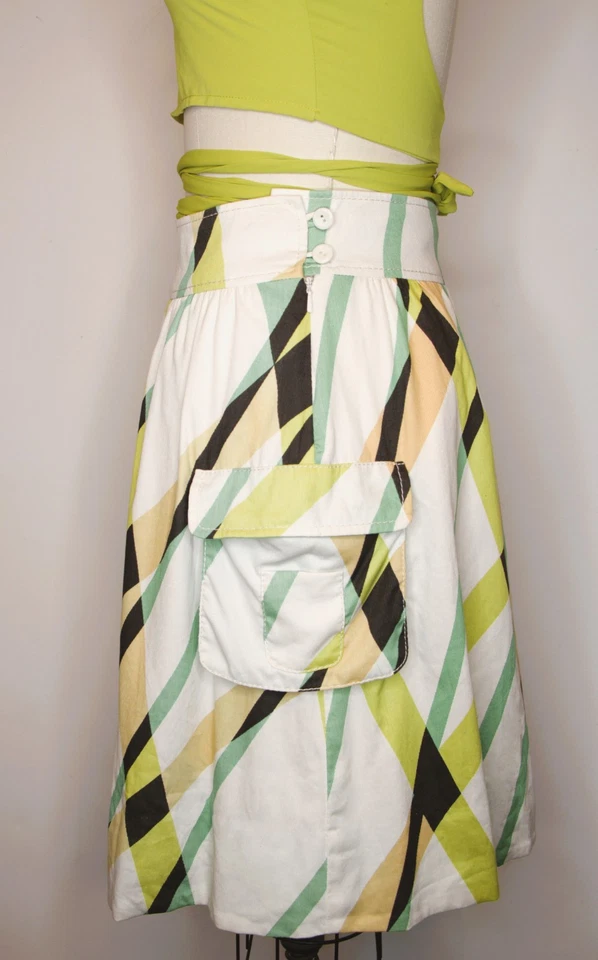 Fei Anthropologie Midi A-Line Skirt 28 Pockets Plaid White Teal Mustard Denim - Image 4 of 4