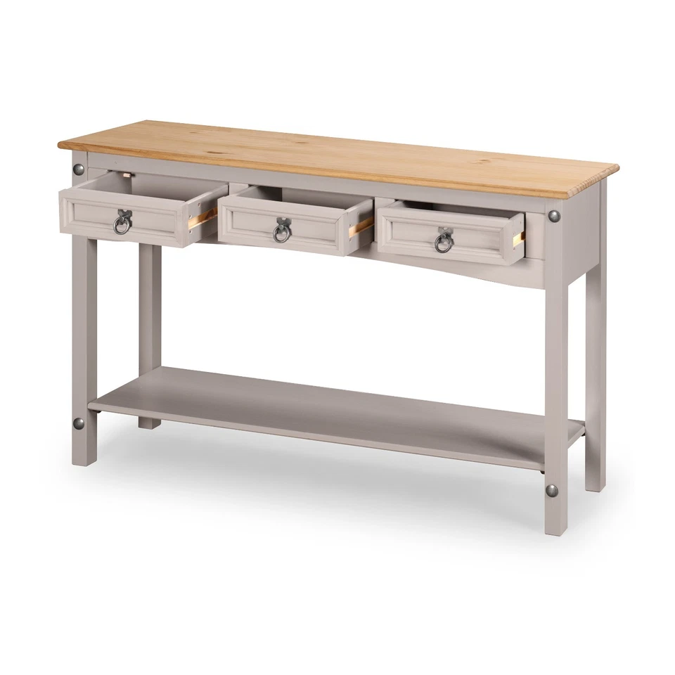 Corona Console Table 3 Drawer Hall Grey Solid Mexican Pine Wood Wax - Image 3 of 4