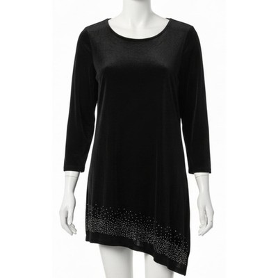 Chicos Tunic Top L Black Velvet Asymmetrical Rhinestone Stud Hem Career Office