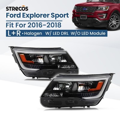 For 2016-2018 Ford Explorer Sport Halogen Headlights w/ LED DRL Black Bezel Pair