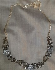 Vtg 14" Floral Bib Necklace Light Blue Rhinestones  Gunmetal Leaf Pattern 3" Ext.