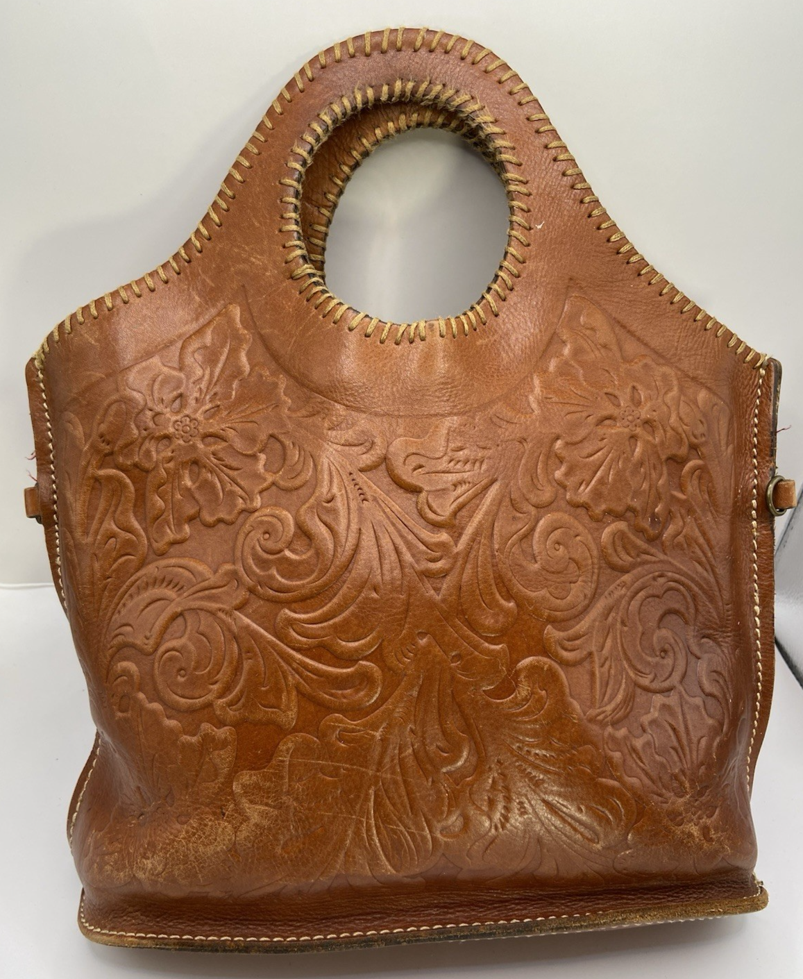 Patricia Nash Tooled Leather Tote Brown Floral Whipstitch Handle Bag